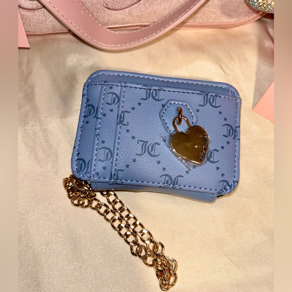 Juicy Couture Diamond Slate Blue Choose Juicy Square Zip Card Case Wallet NEW